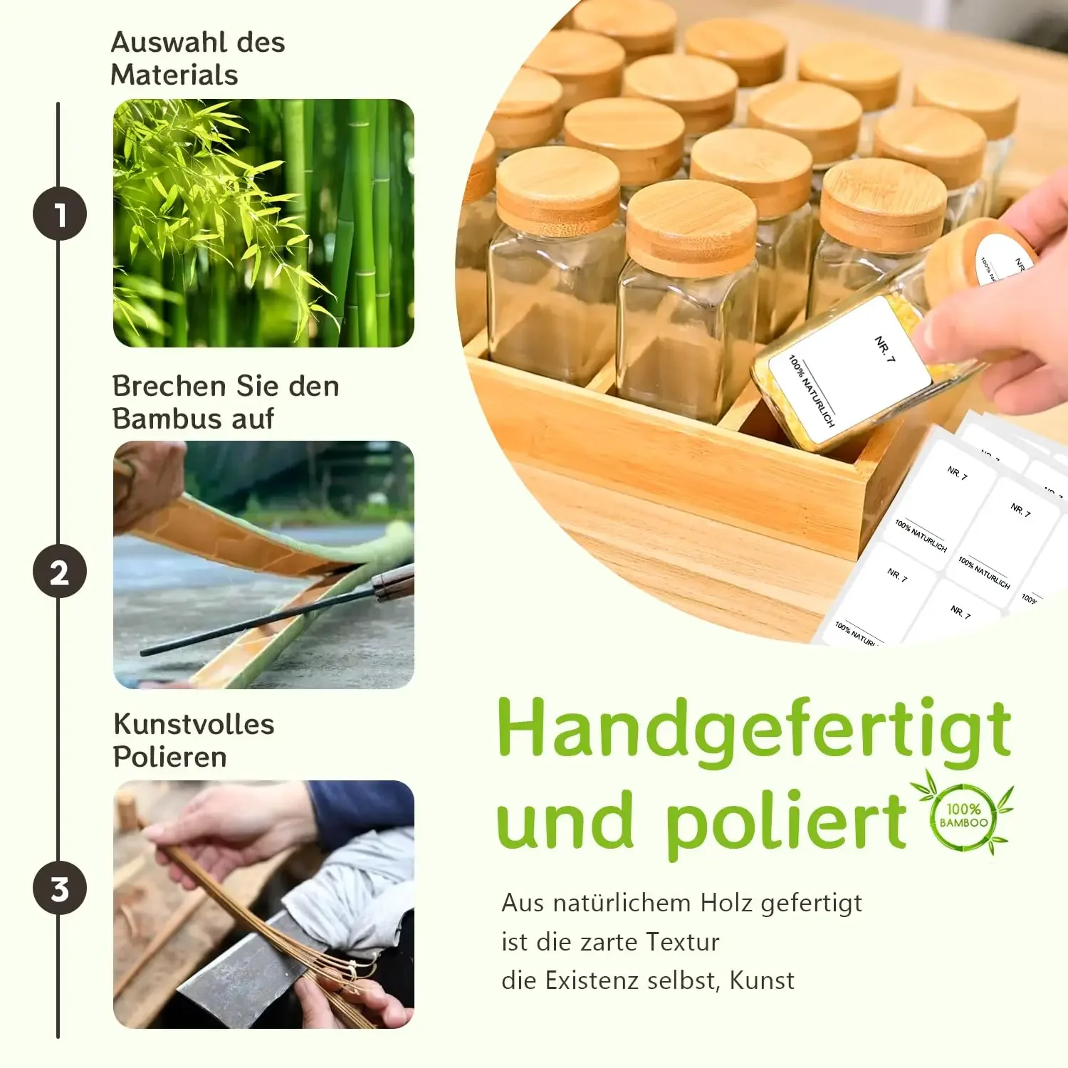 SIAZIH Bambus-Gewürzregal mit Glasbehältern, 12/24-teiliges Bambus-Gewürzregal-Set, für eine ordnungsgemäßere und organisiertere Küche. – Detail 5
