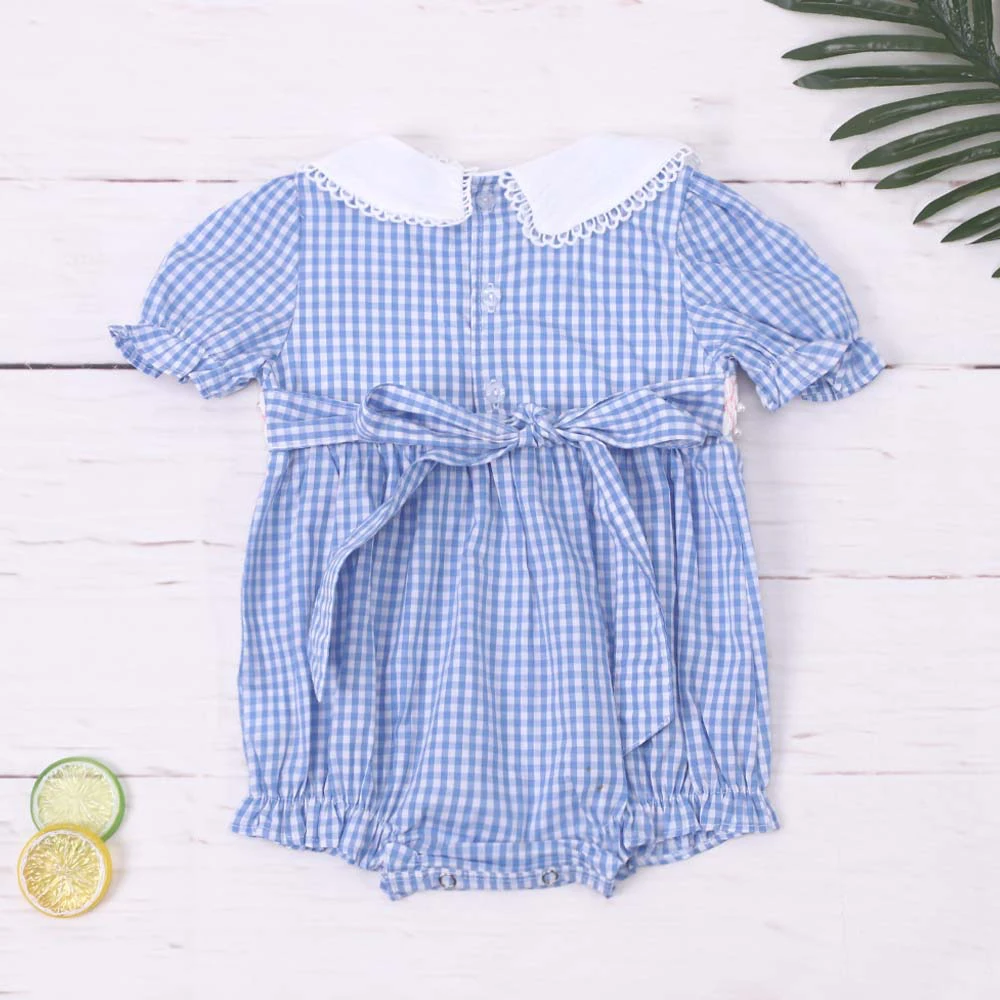 Vestido de manga corta para niña, mono de cuello redondo, adorno de perlas pequeñas, mono de celosía azul, ropa de una pieza, Verano