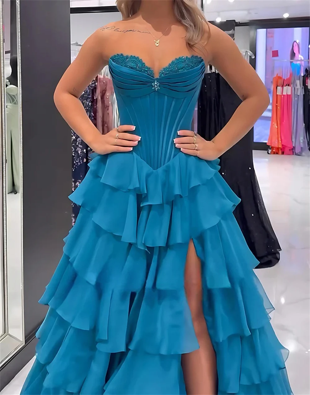Sansa Customized Peacock Blue Side Split A-line Tiered Ruffle Prom Dress Sleeveless Vestidos De Noche Floor-Length Evening 2025