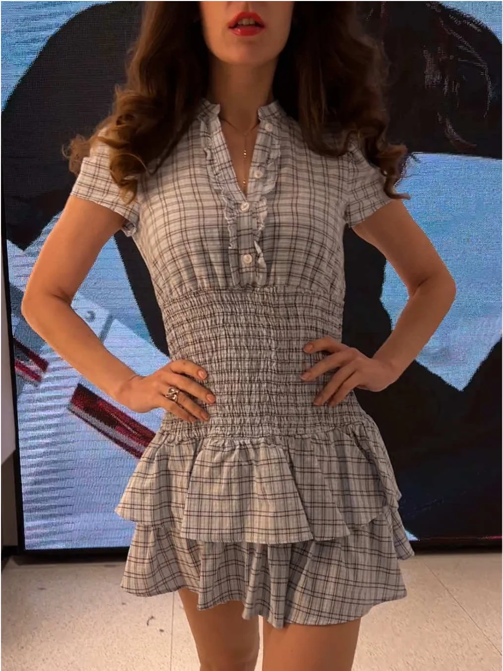 New Woman Spring Fashion Comfortable Short Sleeves Lapel Layered Decoration Plaid Short Dress Female Casual Outing Dress
