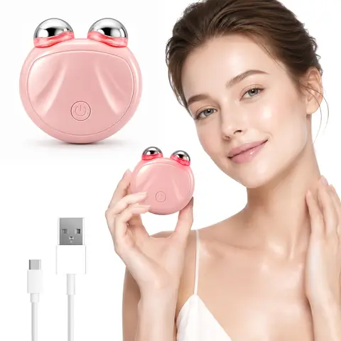 4-in-1 EMS Facial Lifting Massager, Dual Roller Face Sculpting Device with Red & Blue Light, Vibration Massage, Skin Firming & Tightening Care, USB-C Rechargeable Portable Beauty Tool for Face Eye Neck Arms Legs, 10-Min Daily Home Travel Skincare