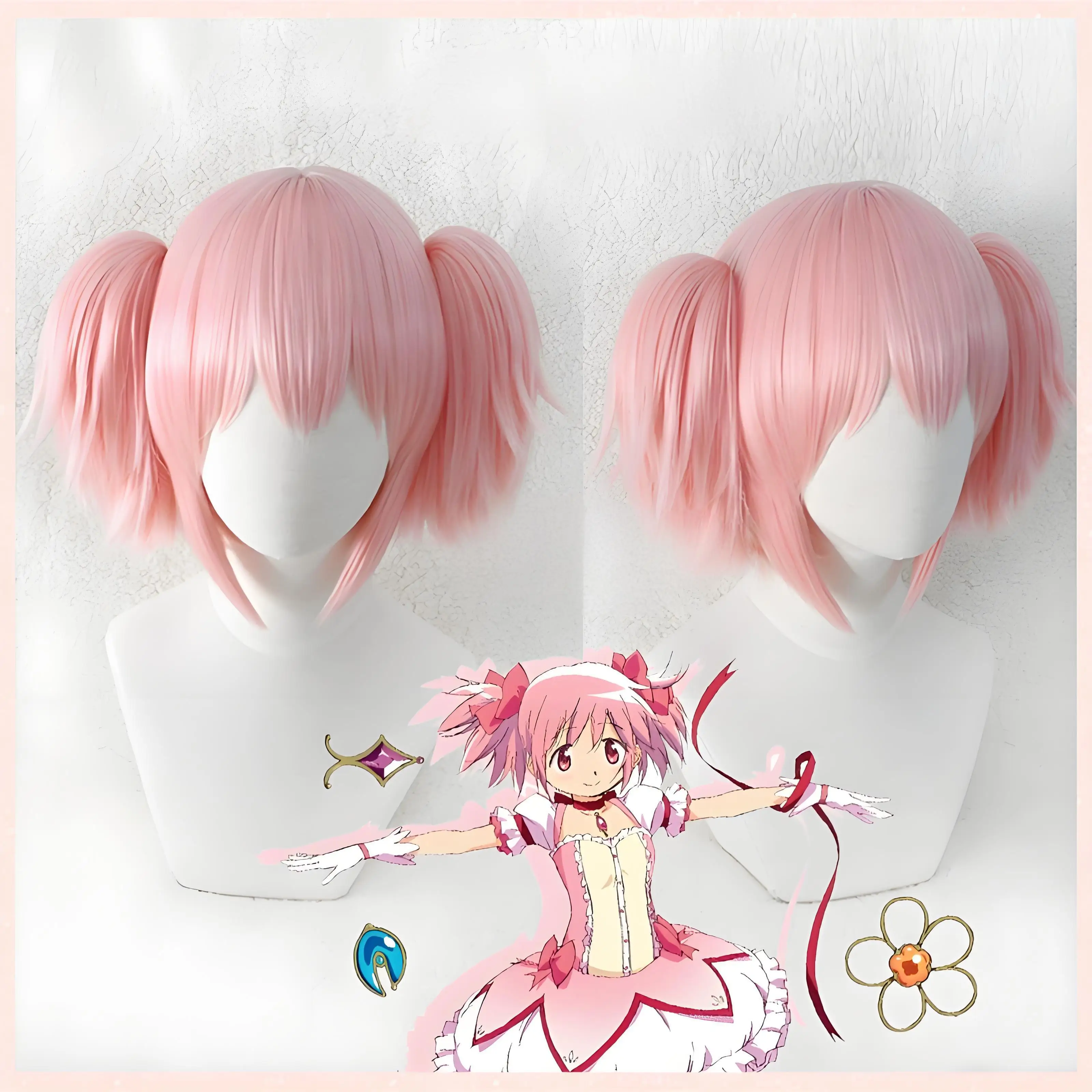 

Puella Magi Madoka Magica Madoka Kaname Custom Coral Light Pink Split Twin Ponytail Cosplay Wig