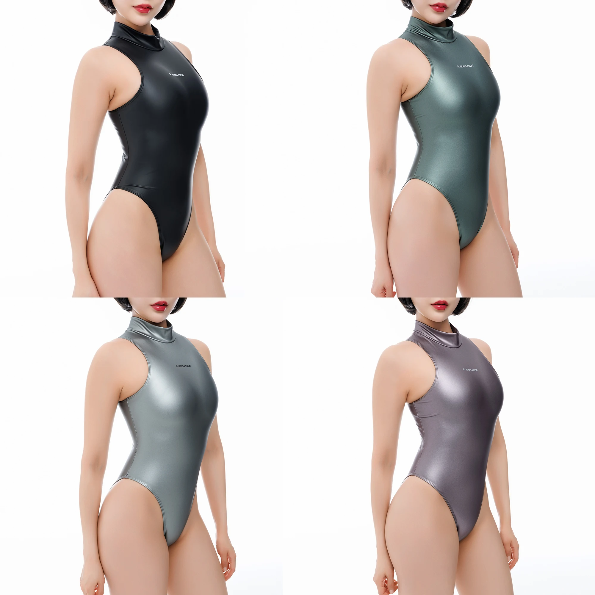 LEOHEX Women's Matte Finish Swimsuit High Neck Tight One-Piece Photography Glossy Coated Fabric Sexy Athletic Model Posing