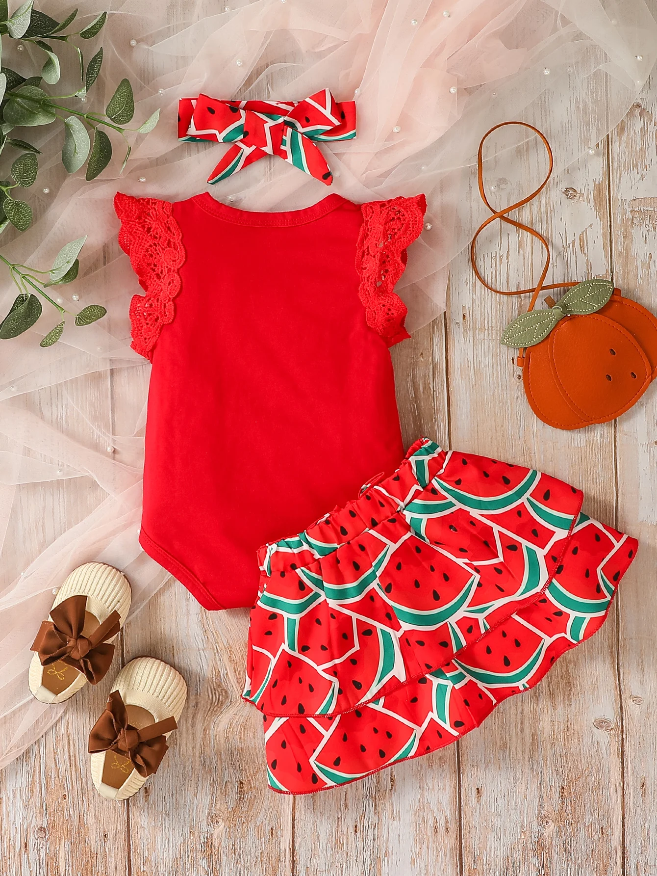 3PCS Baby Gilrs Summer European and American style Red Sleeveless Skirt Set With Watermelon+Headband