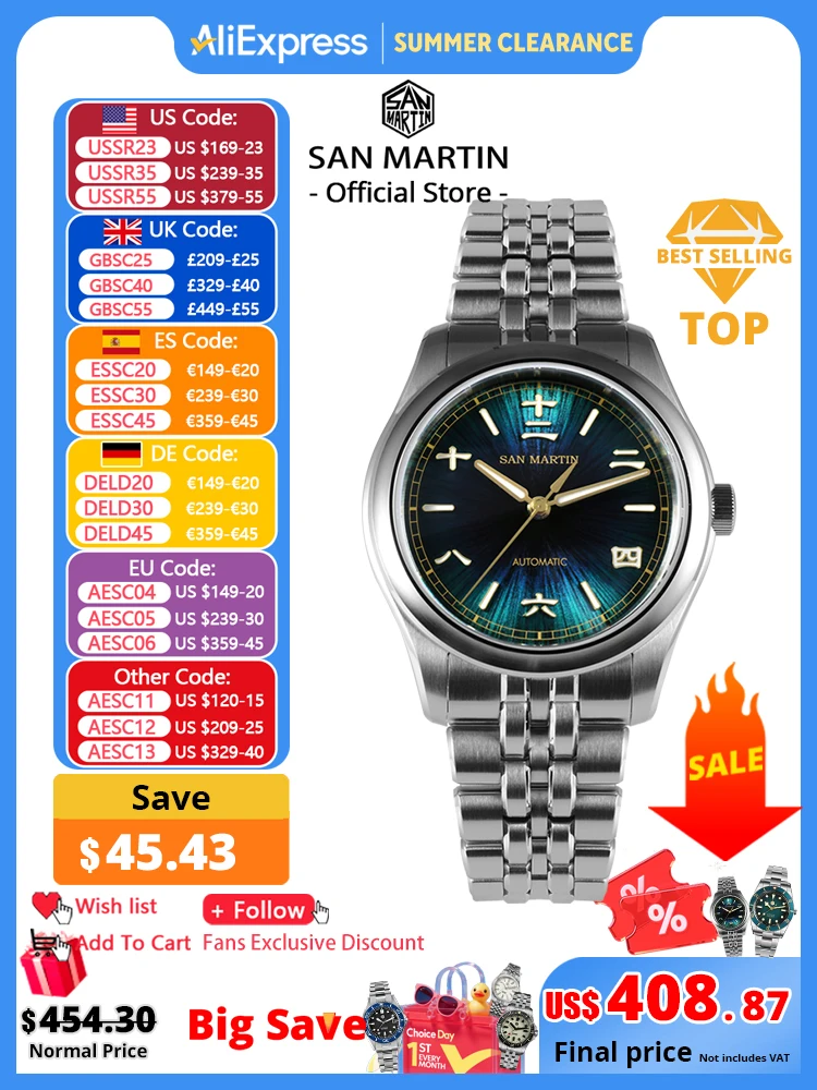 San Martin nuevo reloj Gada de 39mm estilo chino diseño Original Sunburst JianZhan Miyota 90S5 vestido de hombre mecánico automático SN0144