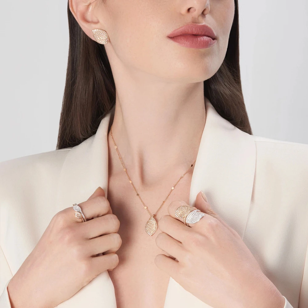 

Stonefans Elegant Leaf Pendant Necklace Earrings and Ring Minimalist Bridal Jewelry Set Trendy Rhinestone Necklace for Wedding