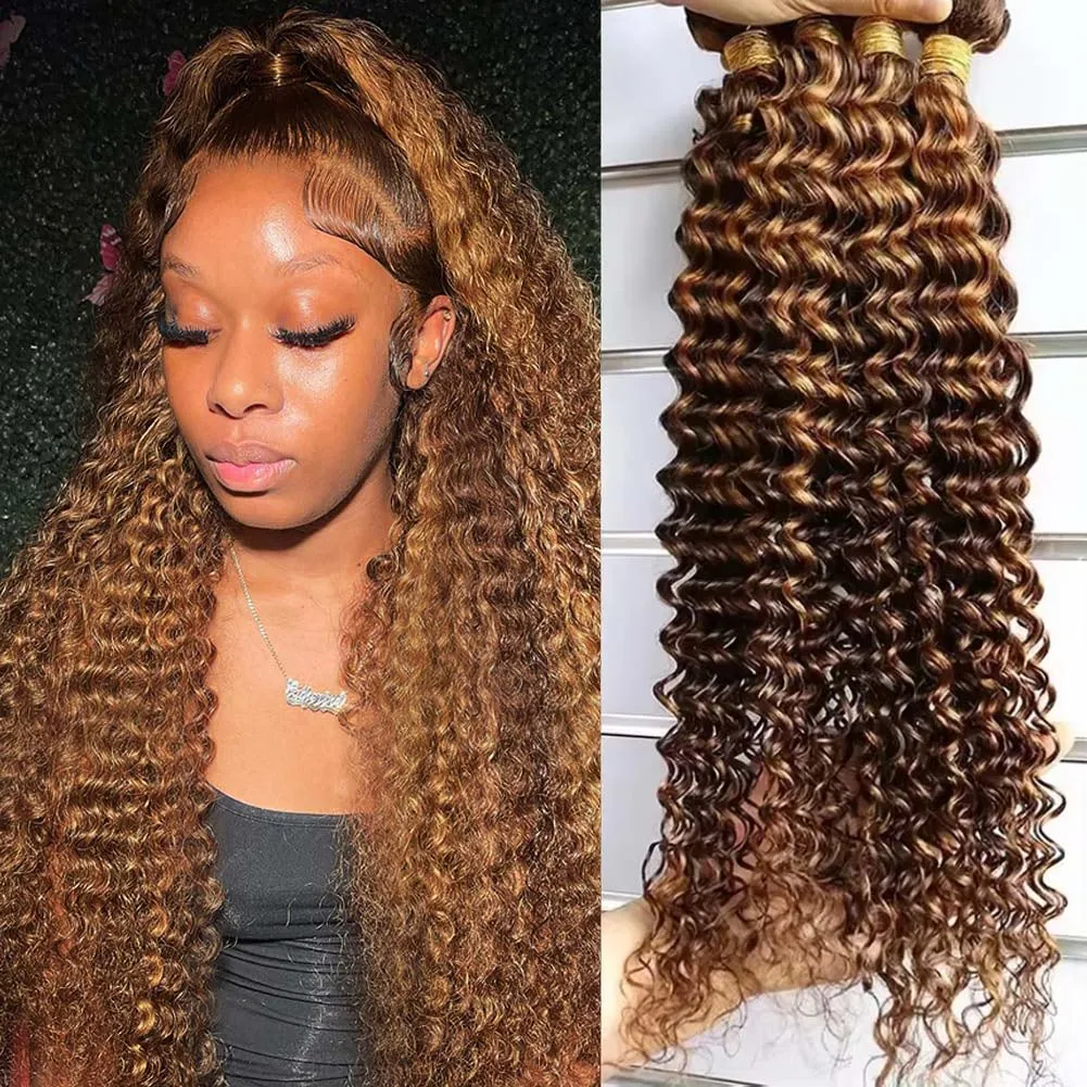 

P4/27 Пучки человеческих волос Deep Wave 10A 30-дюймовые мелированные темно-коричневые и медовые блондинки с глубокими волнами Пучок волос для женщин