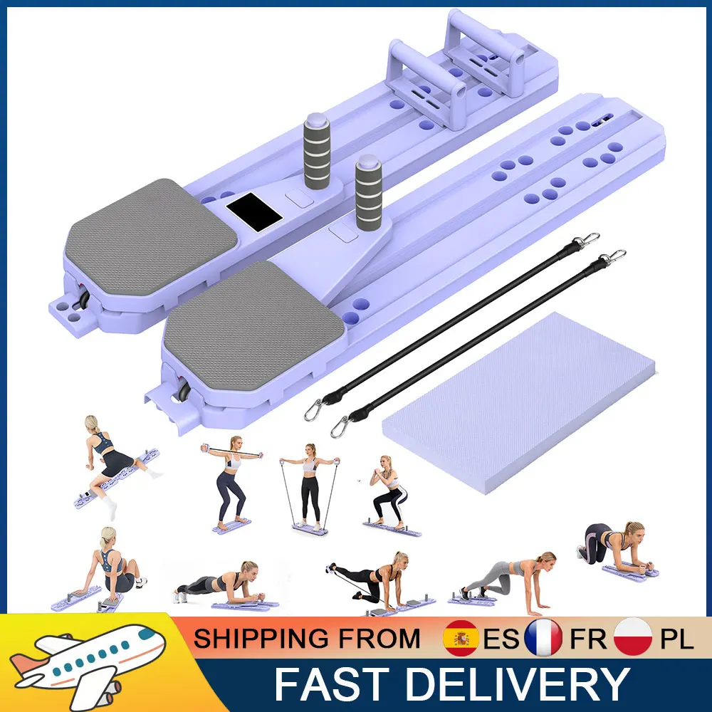 Planche de Pilates polyvalente avec fonction de comptage, planche de fitness 8-en-1 avec largeur réglable et bandes de résistance pour renforcer les muscles abdominaux et fessiers, tonificateur corporel complet pour femmes