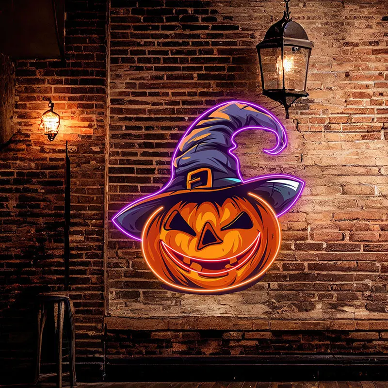 Witch Hat Pumpkin Neon LED Light - Spooky Neon Sign, Wall Halloween Decoration for Parties, Haunted Houses, Gifts, and Festivals