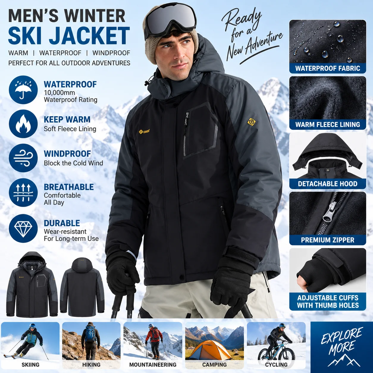 Giacca da sci invernale da uomo – Giacca da esterno calda, foderata in pile, impermeabile e antivento, con cappuccio rimovibile e numerose tasche, ideale per sci, escursioni e campeggio.
