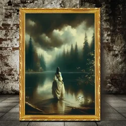 Mysterious Woman by Gothic Lake Wall Art - 1pc Canvas Home Decor High-Quality Material Victorian-Inspired Landscape Painting