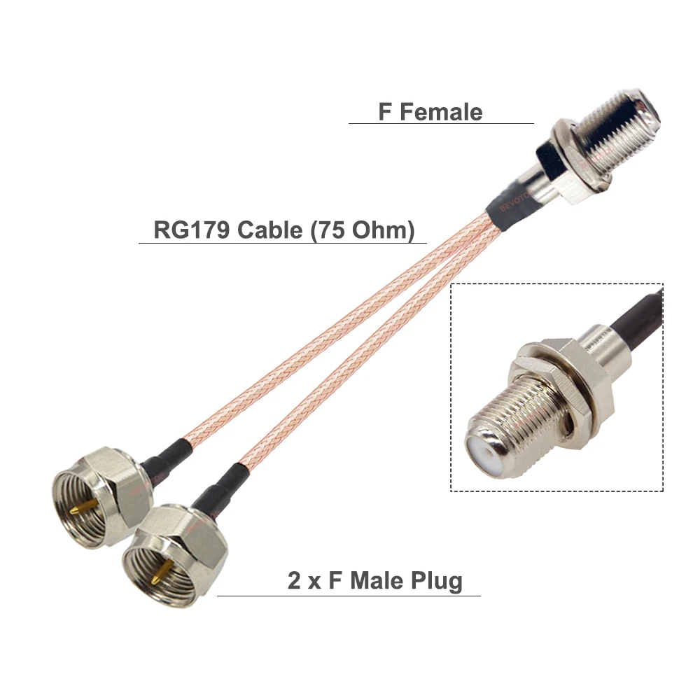 1PCS BEVOTOP F Splitter Cable F Female to 2 x F Male Plug 75 Ohm RG179 Cable Y Type TV Satellite Coaxial Splitter Combiner