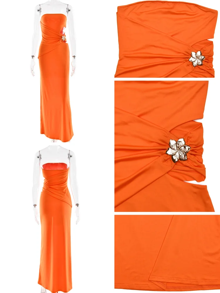 Absobe strapless uitgesneden a-lijn maxi-jurk voor dames mouwloze effen kleur rugloze jurk met metallic sexy elegante feestkleding