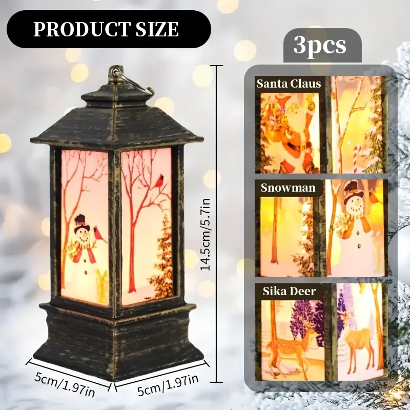 

3-piece LED candle lantern, battery-powered retro desktop decoration snowman, deer pattern-warm white Christmas tree