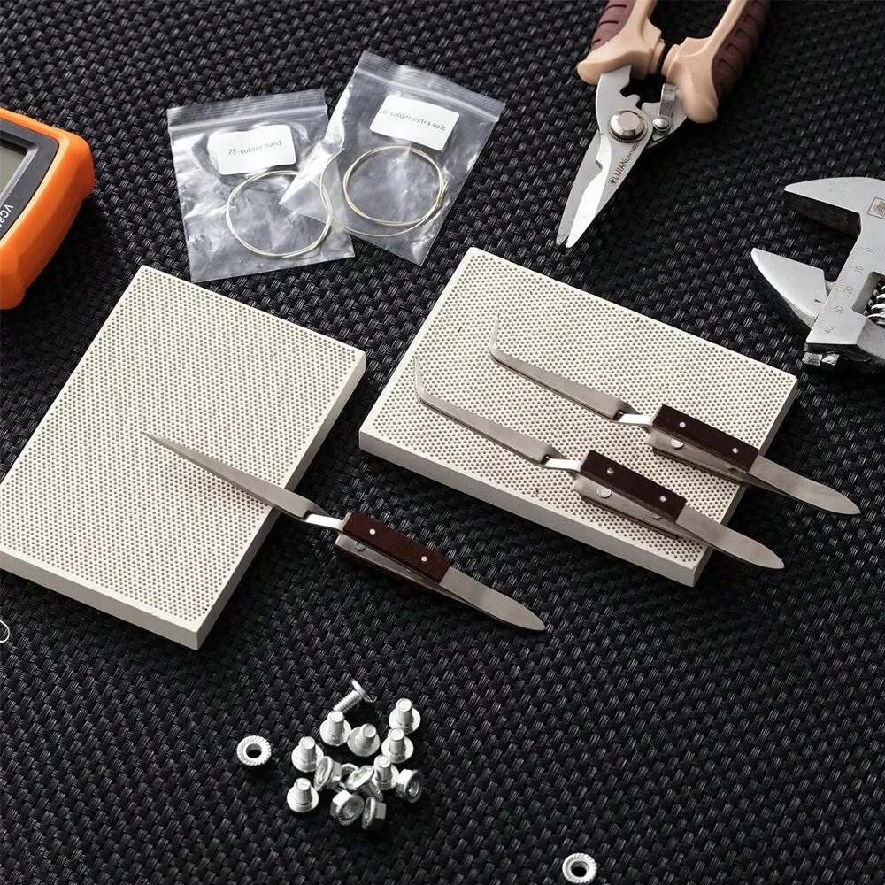 AHT Jewelry Soldering Tool Kit with 2 Honeycomb Ceramic Blocks & 2 Soldering Tweezers Jewelry Making Repair & Metalworking Craft