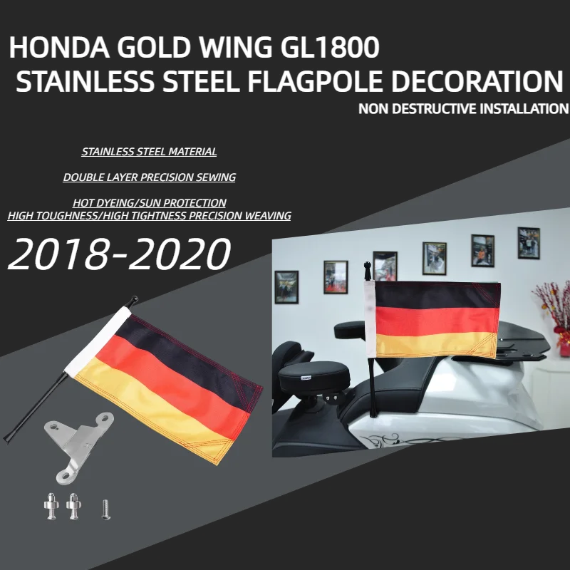 Panic-gold Wing GL1800 accesorios de bandera de moto para Honda, juego de asta de bandera de viaje de Alemania, soporte de maletero, herramientas de bandera 2018-2020