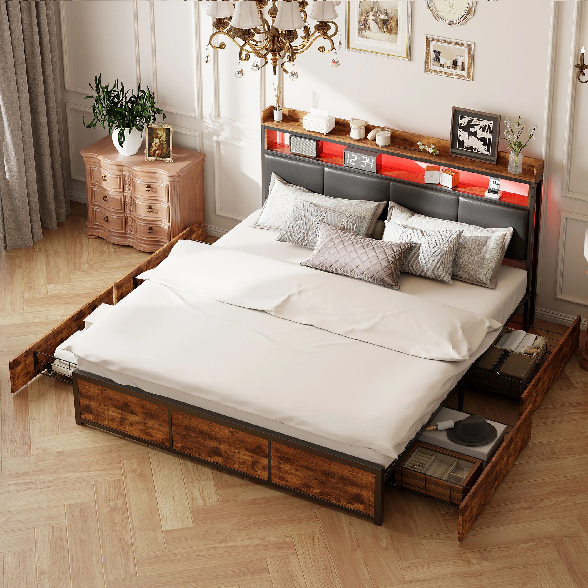 Anajqaqia, 180/160 X 200 cm Storage Double Bed, Upholstered Bed With 4 Metal Drawers, Headboard With Storage Shelf, Industrial-Style Master Bedroom Storage Steel Frame Bed, Matte Black, Mattress Not Included