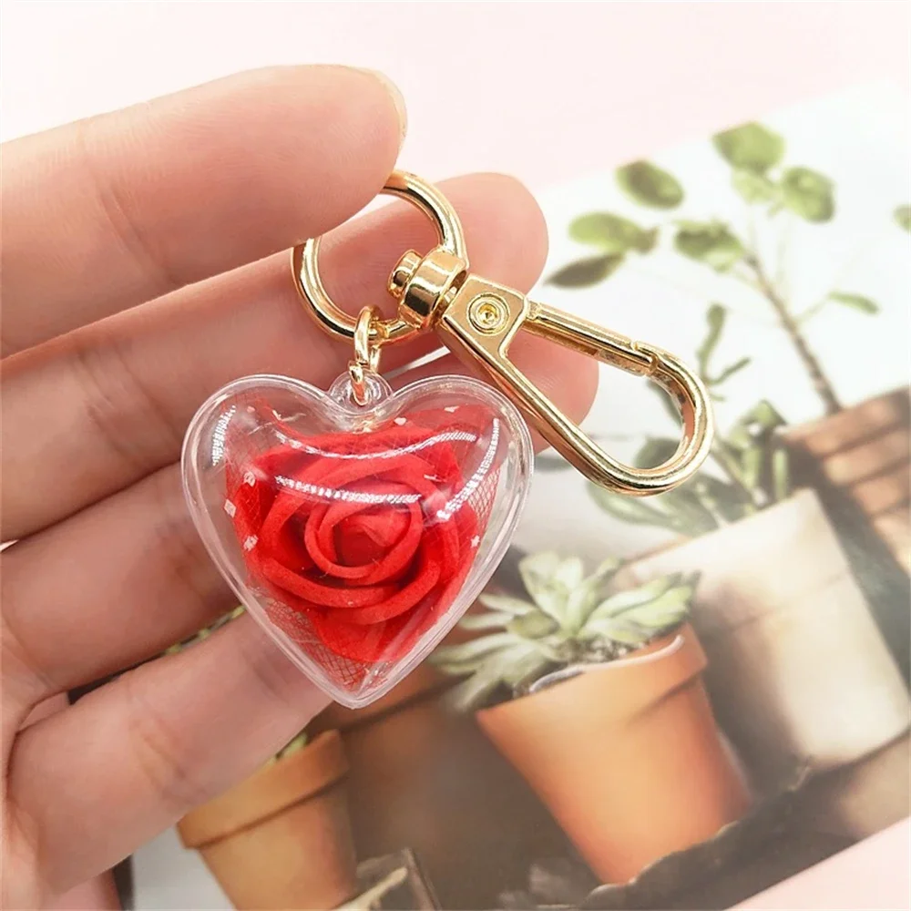 Porte-clés Rose mignon, pendentif cœur d'amour, fleur éternelle, ornements de sac pour femmes, clés de voiture, accessoires, cadeaux de Couple