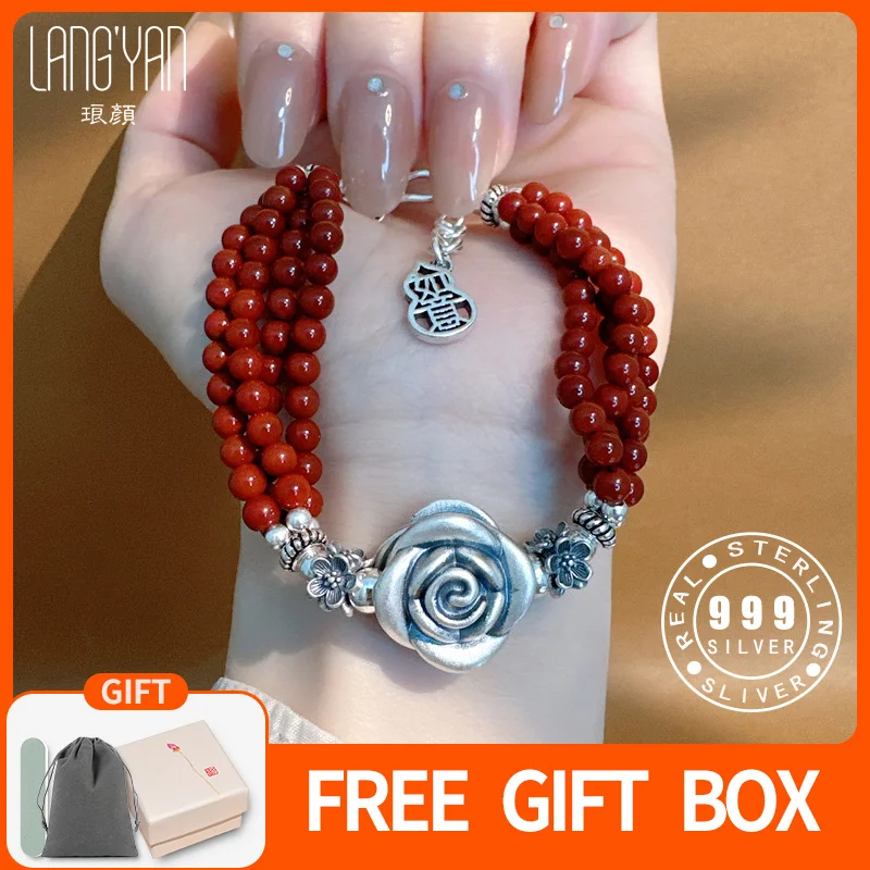 

Langyan Vivid 999 Silver Rose Multi Layer Bracelets for Women Chinese Ethnic Style Red Agate 925 Silver Beaded Bracelet Handmade