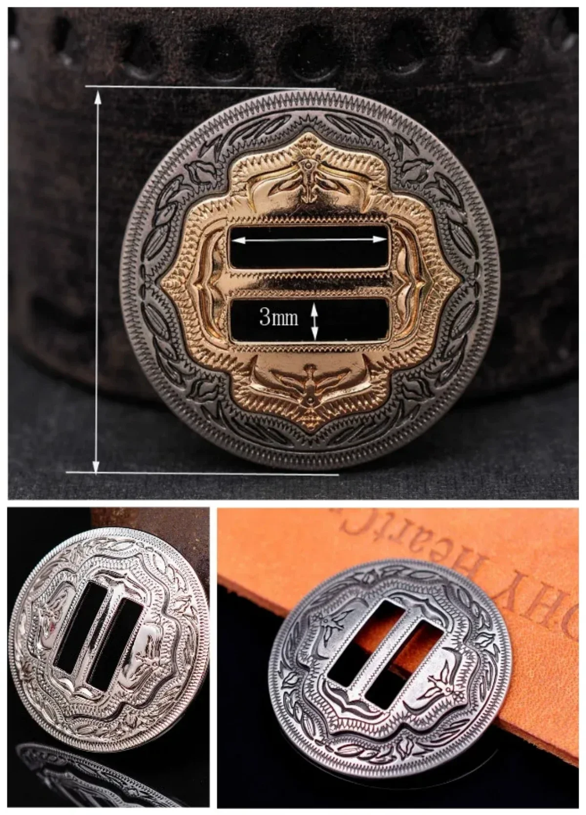 6X Western Cowboy Antique Sliver/Gold siodła Tack Headstall uzdę Leathercraft metalowe szczelinowe Conchos Belt Hardware 1-1/4" — zdjęcie 2