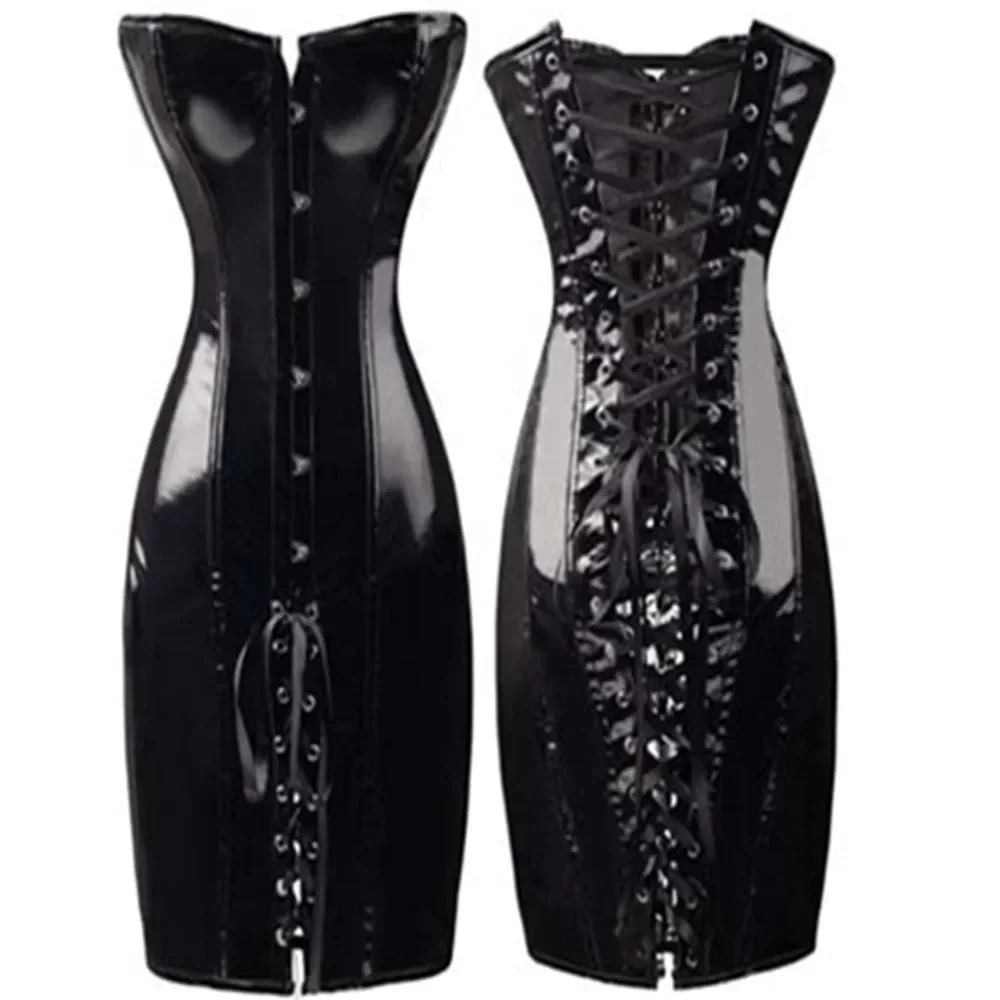 Gorsety i gorsety w stylu Punk Slim skóra PVC sukienka z gorsetu długi tułów Korsett Overbust damska odzież bielizna Plus Size — zdjęcie 2