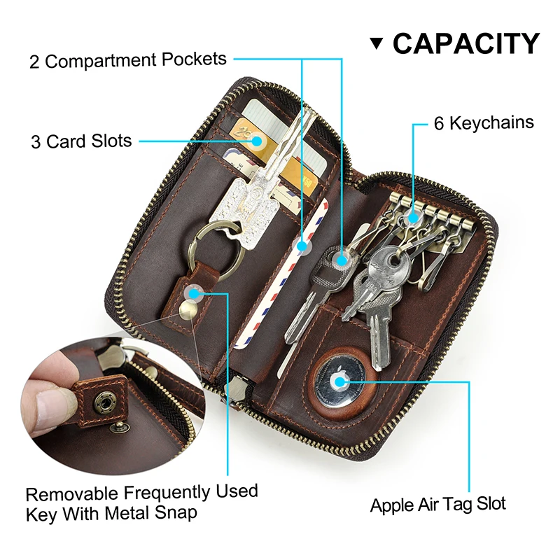 CONTACT\'S Genuine Leather Key Wallet with Airtag Slot Men Zipper Key Pouch Organizer High Quality Housekeeper Wallet Card Holder