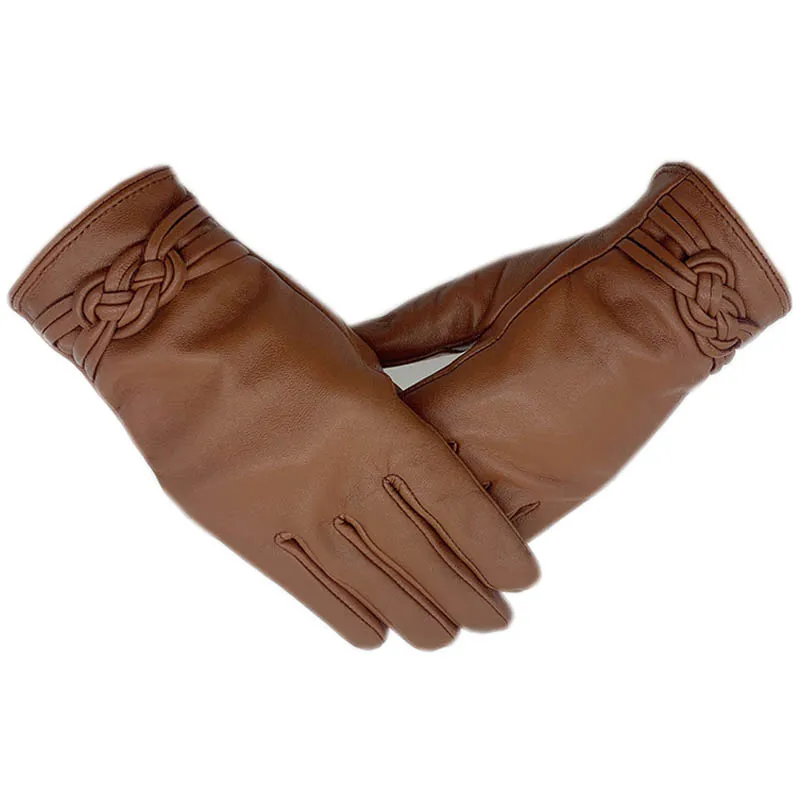 

Autumn women's genuine leather fashion gloves new red brown driving outdoor riding gift women's sheepskin short silk lining leat