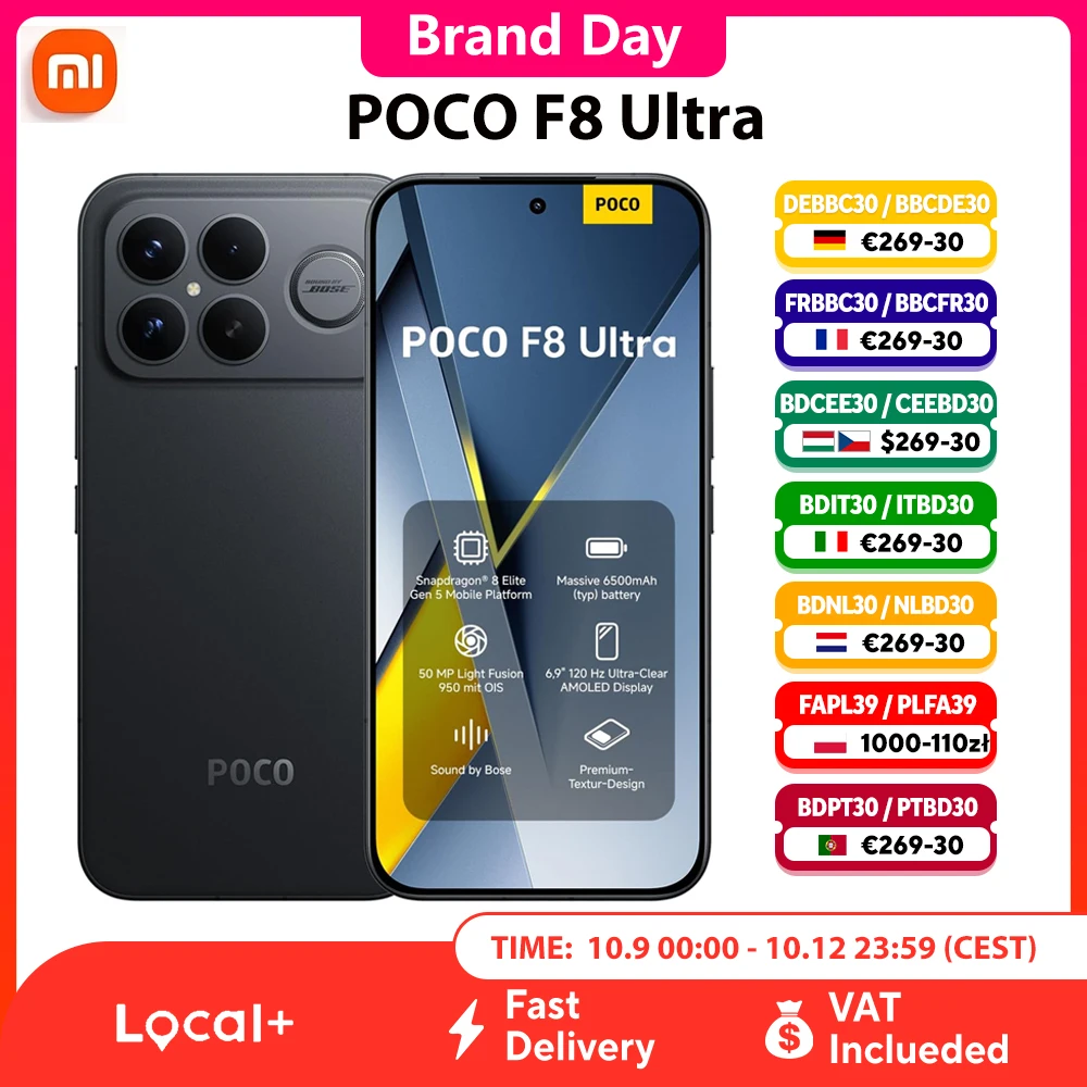 POCO F8 Ultra 5G Smartphone Snapdragon® 8 Elite Gen 5 6,9" 120 Hz POCO Hyper RGB-AMOLED-Display 6500 mAh 100 W kabelgebundenes Laden 50 MP IP68 NFC