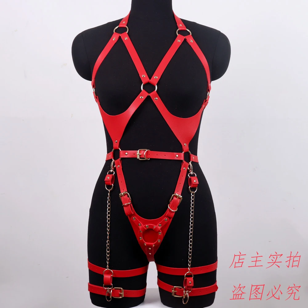 Sexy Lingeries Harness Leather Set Red Garter Belt Punk Goth Plus Size Women Bra Cage Top Chest Rivet Sexy Waist Leg Suspender