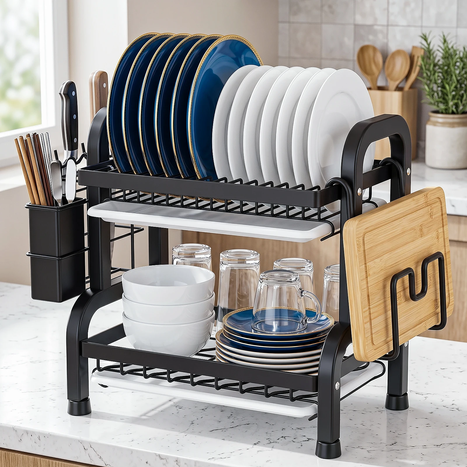 Scolapiatti da cucina a due livelli con vassoio di raccolta, scolapiatti in ferro per il piano di lavoro, supporto per la conservazione di stoviglie resistente alla ruggine, scaffale salvaspazio per