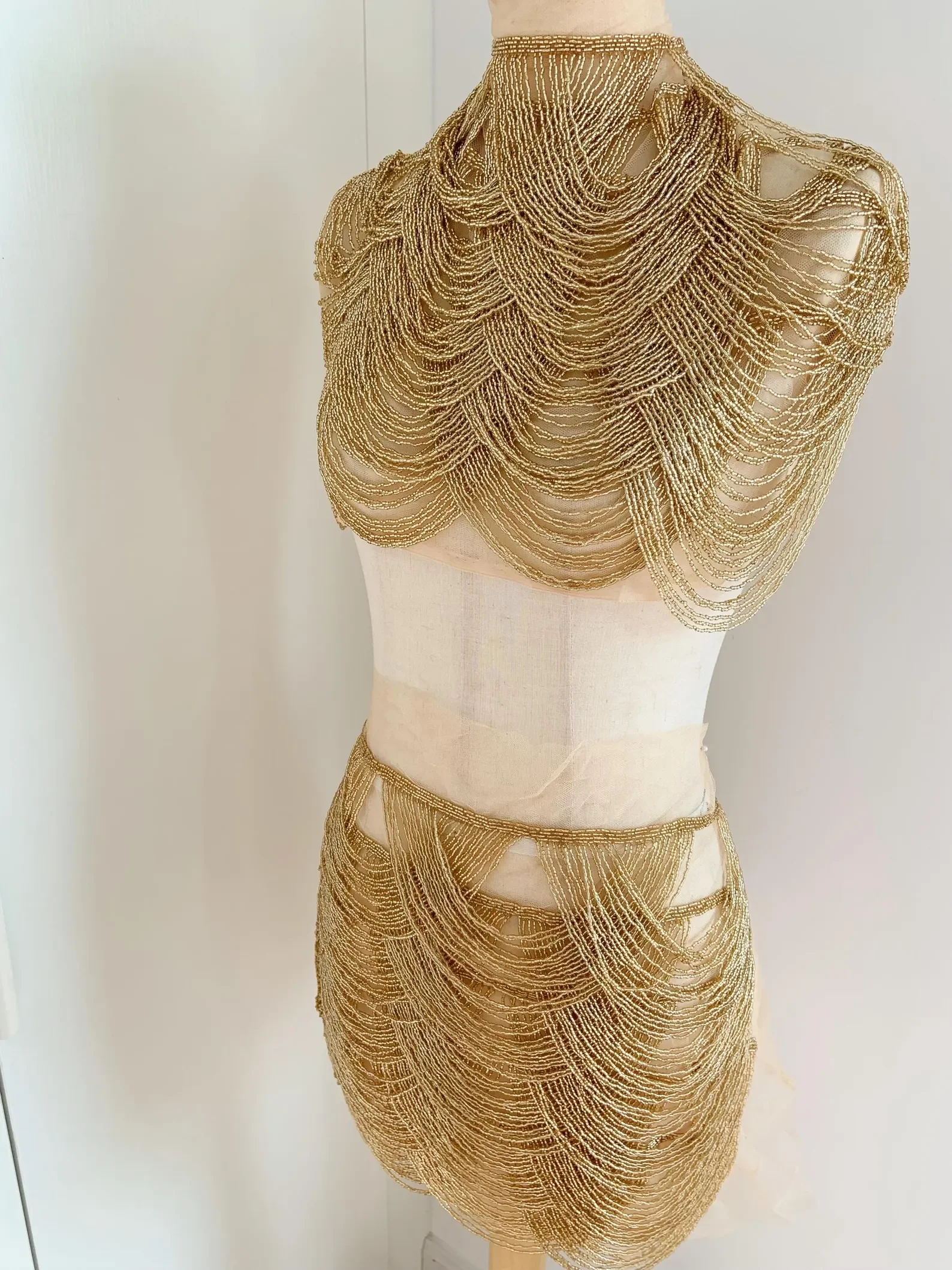 Gold wave chains cape fabric, beading body jewelry , bead fringe bodice appliqué for couture, dress, dance costume, prom dress