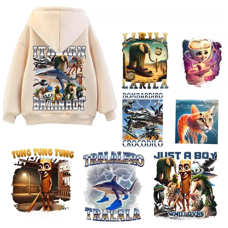 Brainrot italien fer sur Patch Tung Sahur décalcomanies chaleur thermo adhésif transfert thermique enfants t-shirt Telala drôle décor autocollant