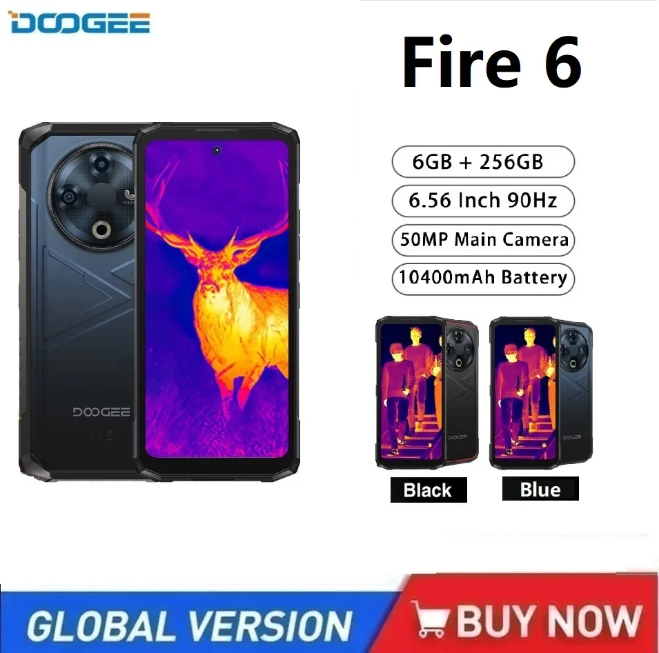 DOOGEE Fire 6 견고한 스마트폰, 안드로이드 14, 열화상 6.56 인치, 90Hz 디스플레이, 6GB, 256GB, 10400mAh 배터리, 50MP 휴대폰