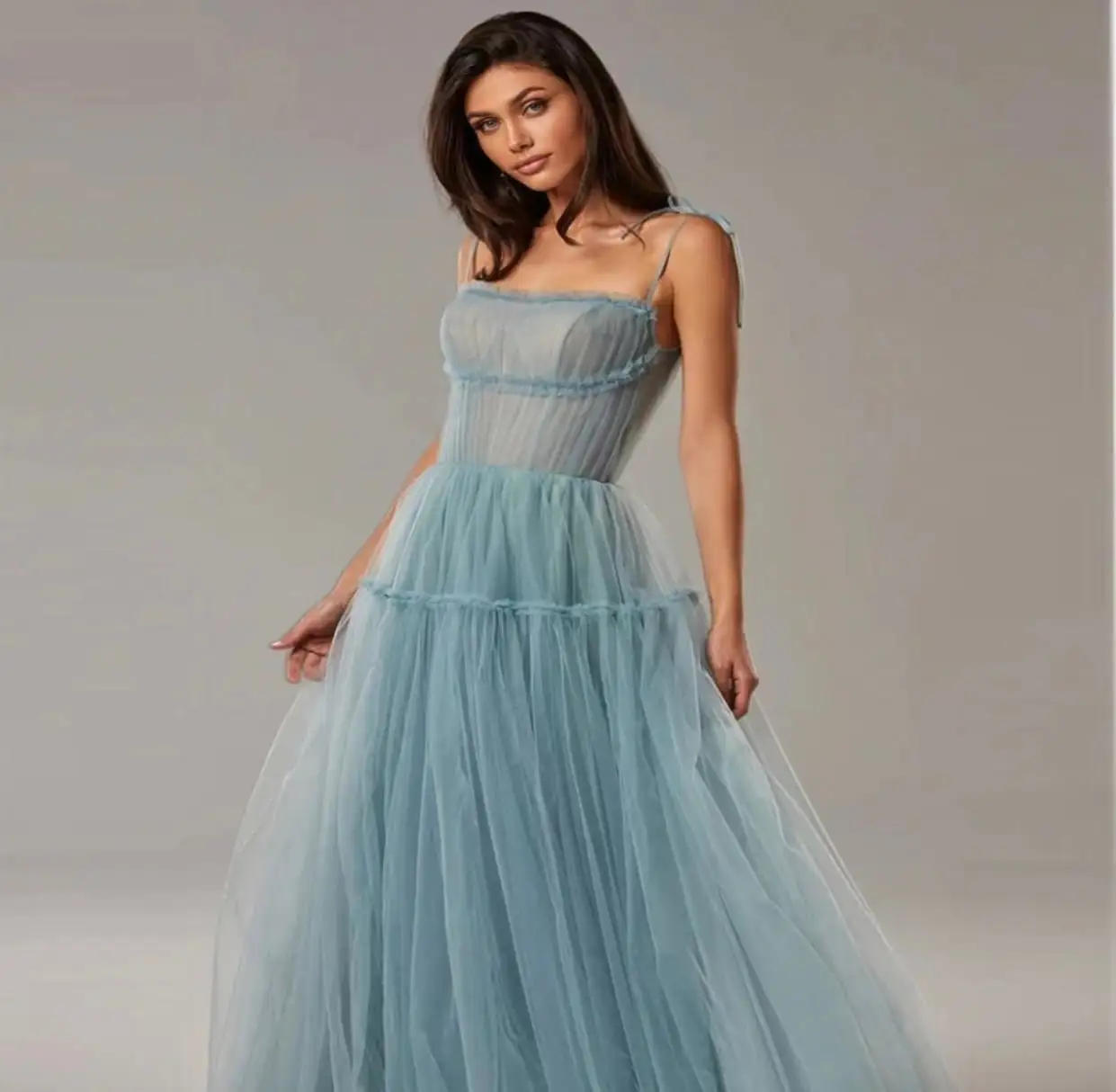 Satsweety Simple A Line Dusty Blue Tulle Long Prom Dresses Spaghetti Straps Strapless Pleats Floor Length 2024 Evening Gowns