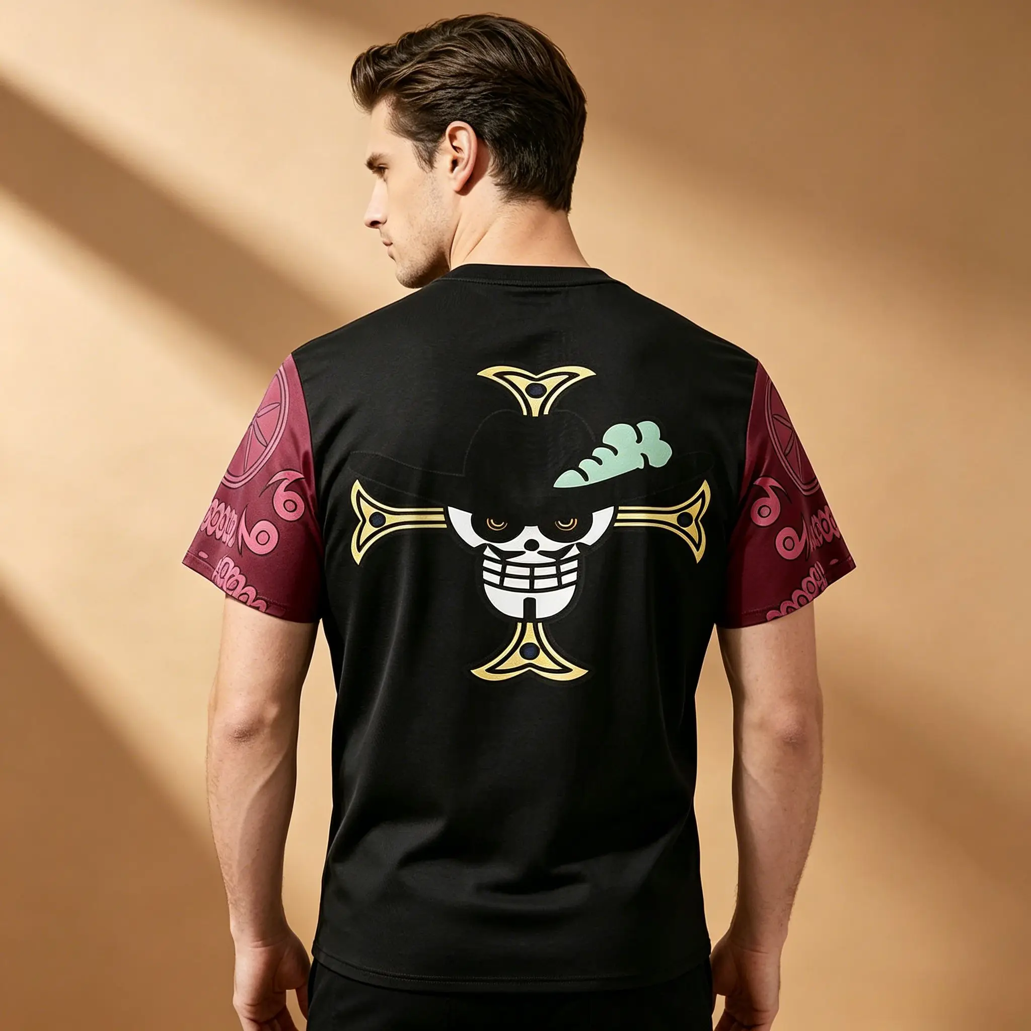 Men's One Piece Ace Skull Split Sleeve T-Shirt, Black Burgundy Anime Double Sided Graphic Casual Short Sleeve Tee