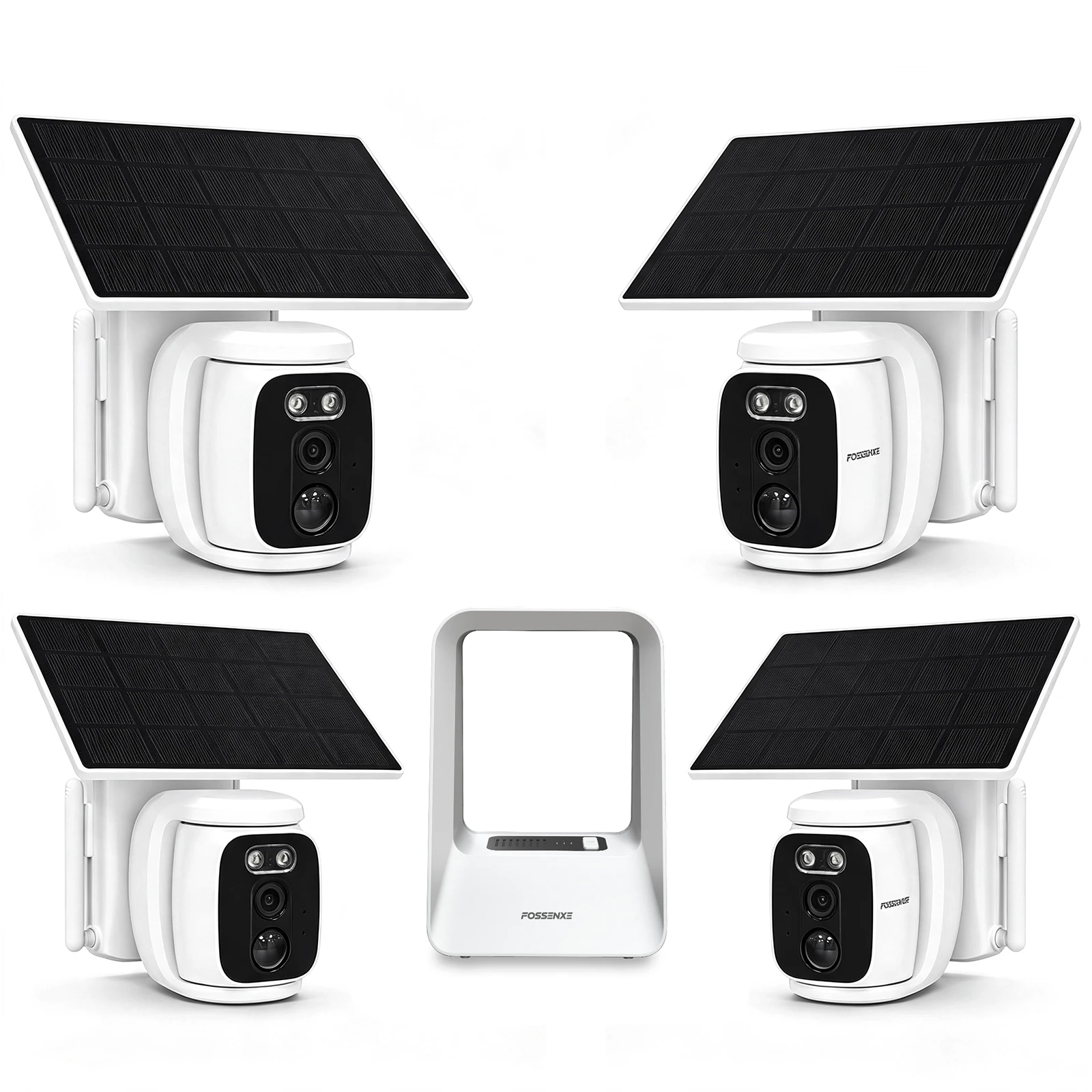 FOSSENXE 2K 4MP Telecamera di Sorveglianza WiFi Solare da Esterno, Kit 4 Telecamere con Base, Senza Abbonamento, Memoria Locale 64GB, Tracciamento Aut