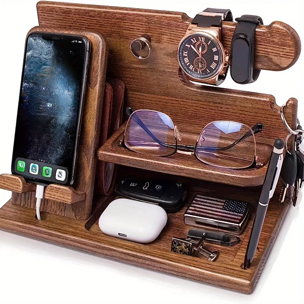 

Wood Docking Station Organizer Desk Valet Cell Phone and Watch HolderIdeal for Perfect Gift for Men