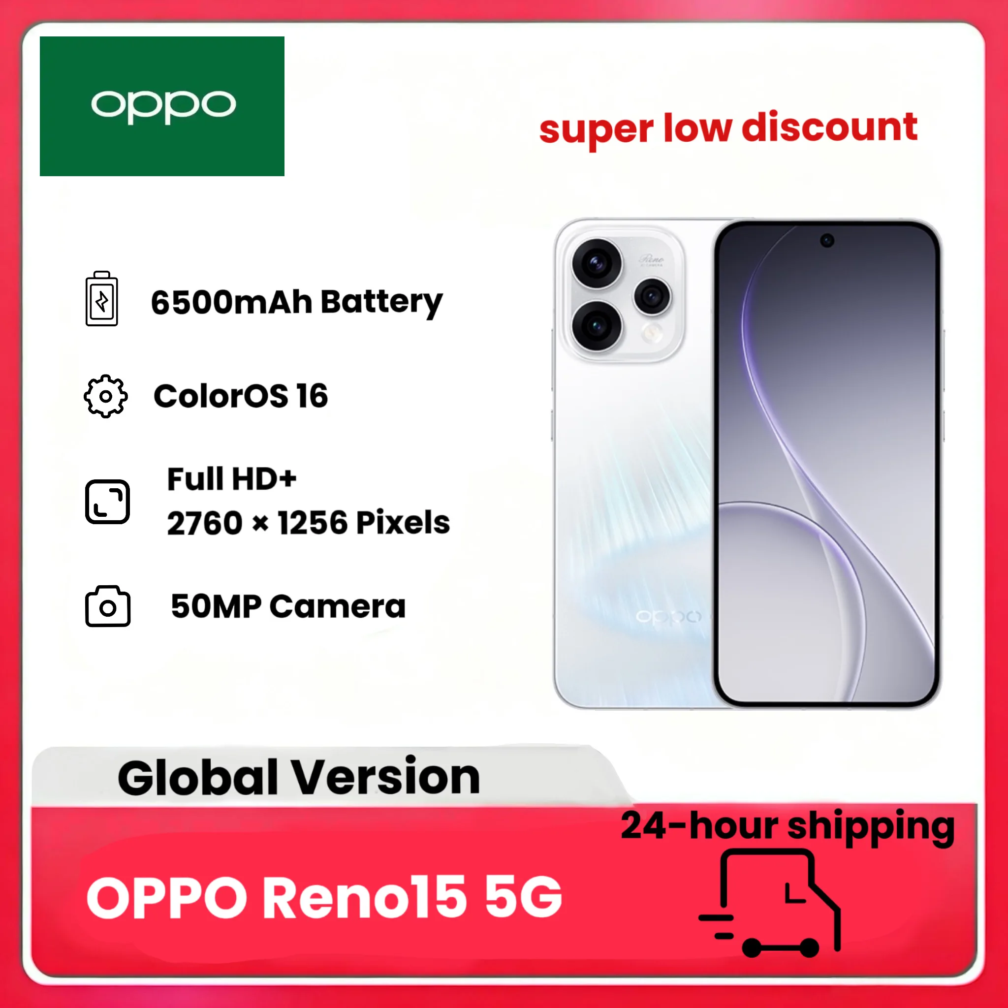 OPPO Reno15 5G Smartphone Android, 8+512GB, 6.59" 120Hz Scherm, 50MP Ultragroothoek Selfie Camera 3.5x Telelens Vibe Portrait |   ColorOS 16, AI Portrait Glow, 6500mAh batterij, IP69, exclusief