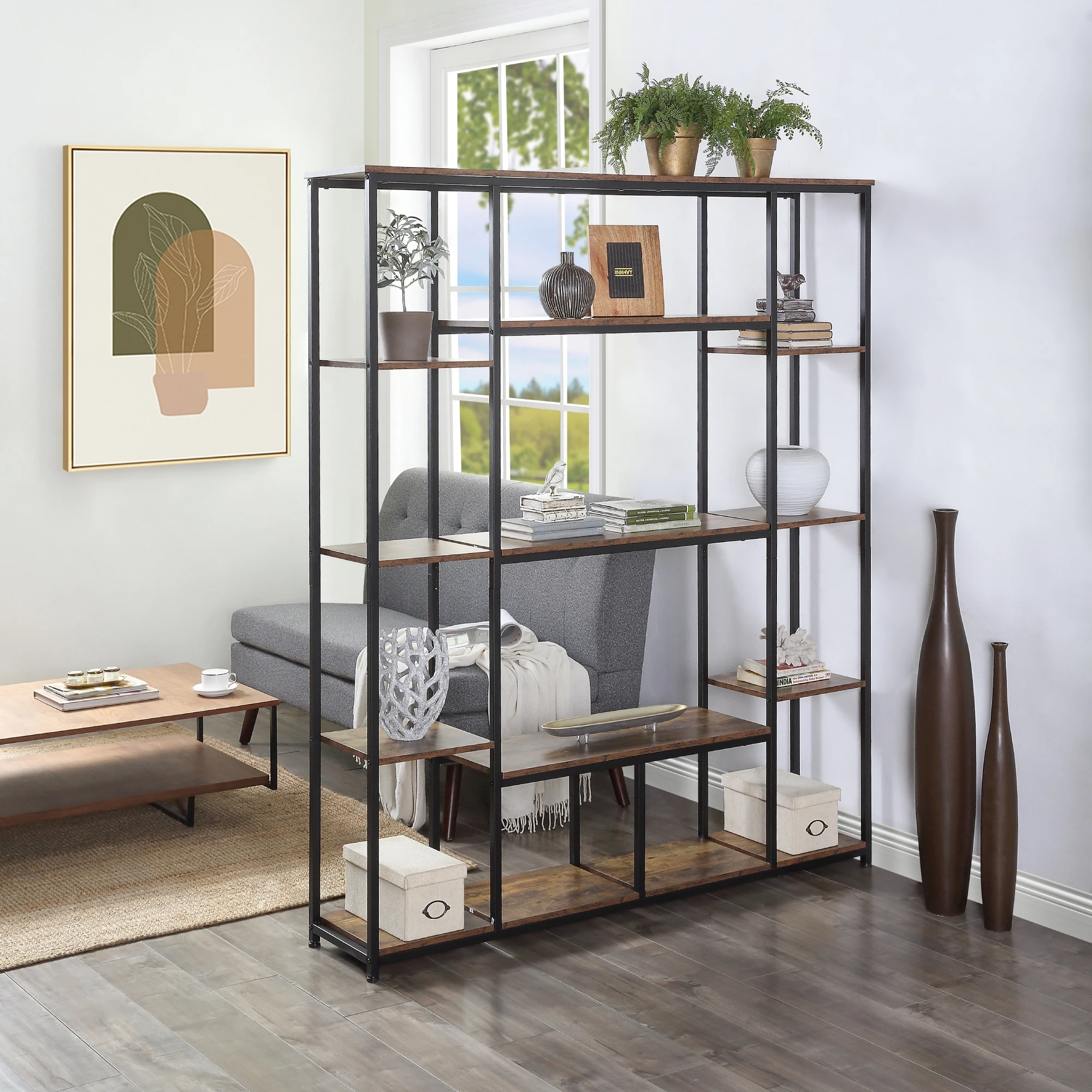 Bookcase Home Office 5 Tier Bookshelf Open Freestanding Storage Rack Metal Frame Shelf Tiger/Brown/Black[US-W]