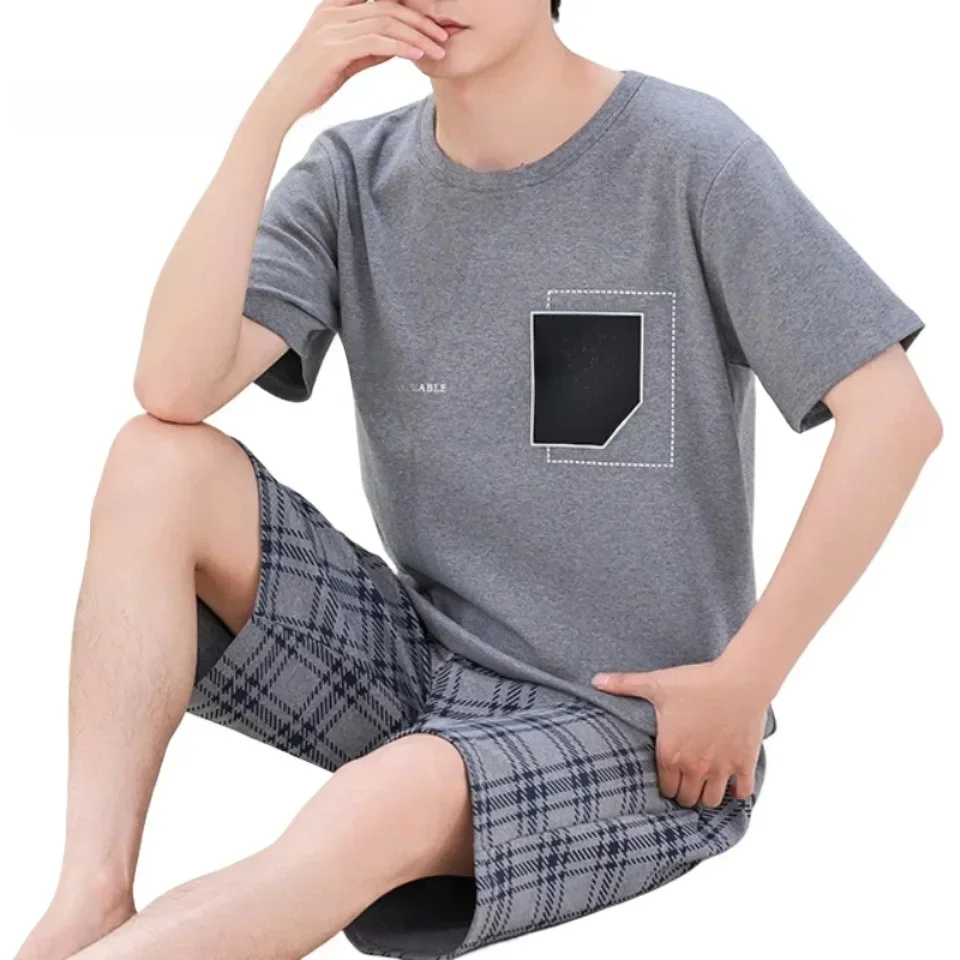 Lato 4XL Dzianinowa bawełniana piżama męska z krótkim rękawem Zestaw piżamy męskiej Piżama w kratę dla mężczyzn Garnitur Homewear Rozmiar — zdjęcie 2
