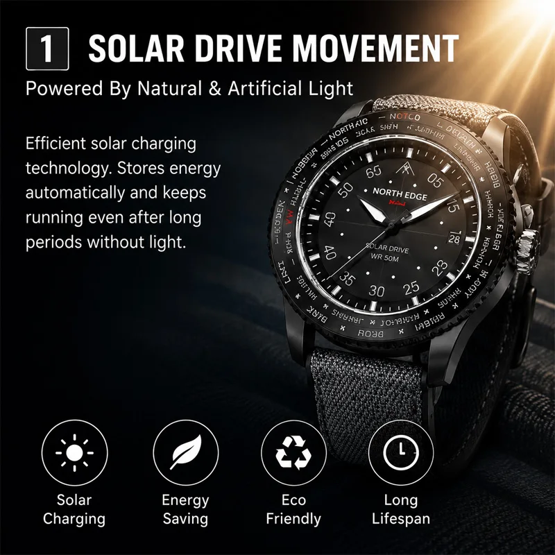 NORTH EDGE 2026 NEW MACH Solar Powered Watch For Men Waterproof 50M Men's Pilot Sports Casual Wristwatches Reloj Hombre Luminous