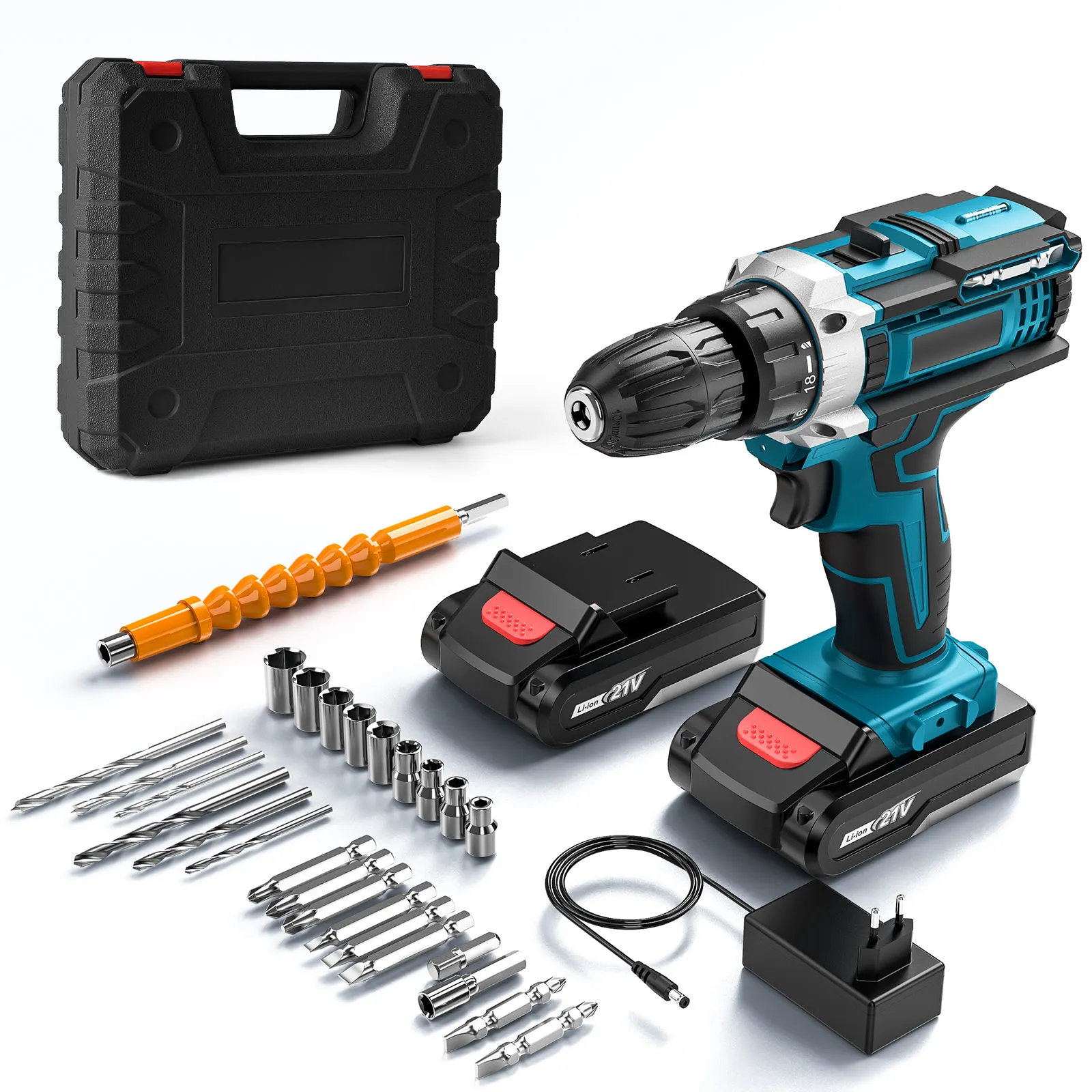 Taladro percutor inalámbrico de 21 V, taladro eléctrico recargable de alta potencia, batería de litio, velocidad de 1350 rpm, destornillador multifuncional