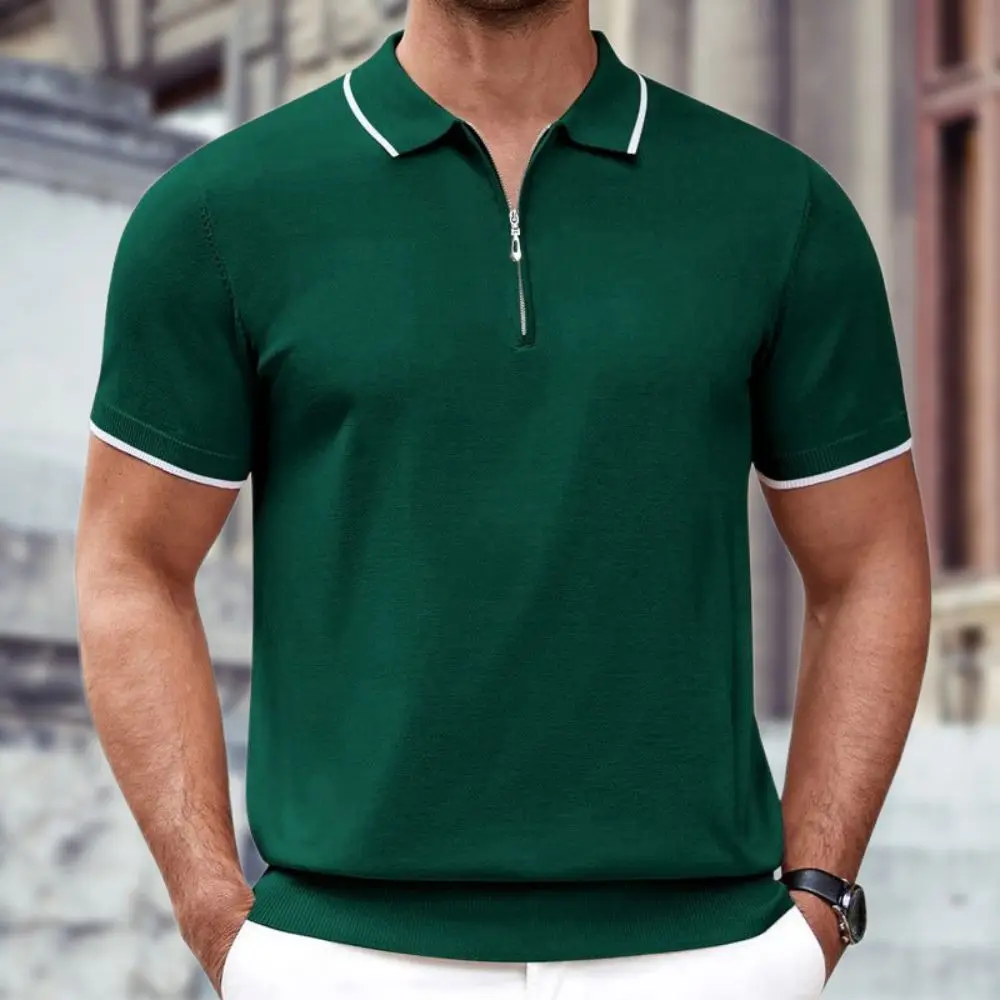 

Summer Zipper Design Polo Shirts For Men Fashion Leisure Flexibility Knitwear Business Mature Lapel Casual Short Sleeve T-Shirt