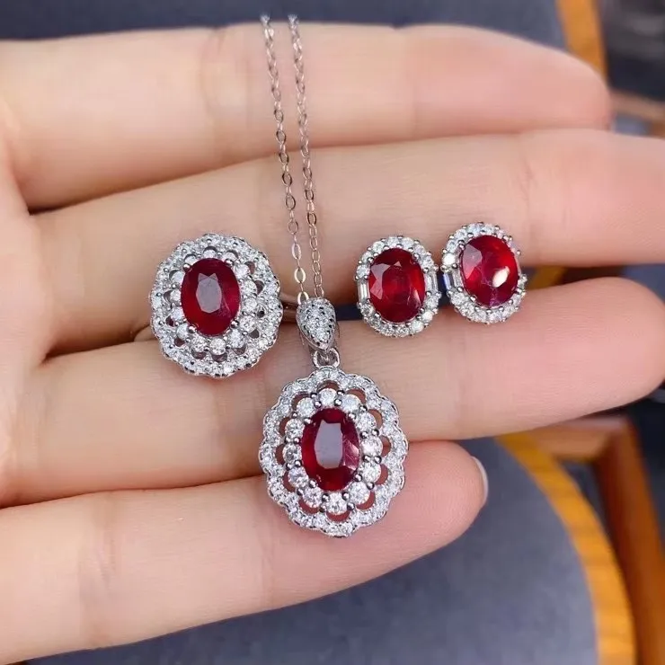925 sterling silver electroplated white gold inlaid natural ruby ring pendant earrings women's set give girlfriend Christmas wed