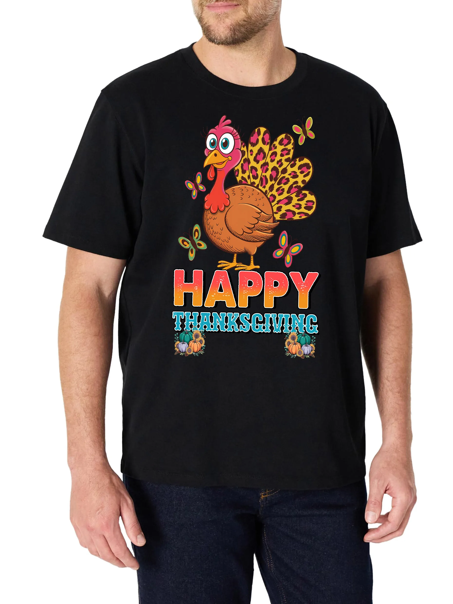 تي شيرت رجالي بتصميم مطبوع عليه Happy Thanksgiving، أسود بأكمام قصيرة ورقبة دائرية، 100% قطن #1