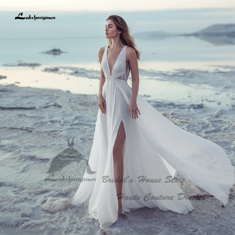 Lakshmigown Sexy Braut Boho Hochzeitskleid Strand Sommer 2026 Maßgeschneiderte Chiffon Lange Strand-Brautkleider V-Ausschnitt Spitze Rückenfrei – Detail 6