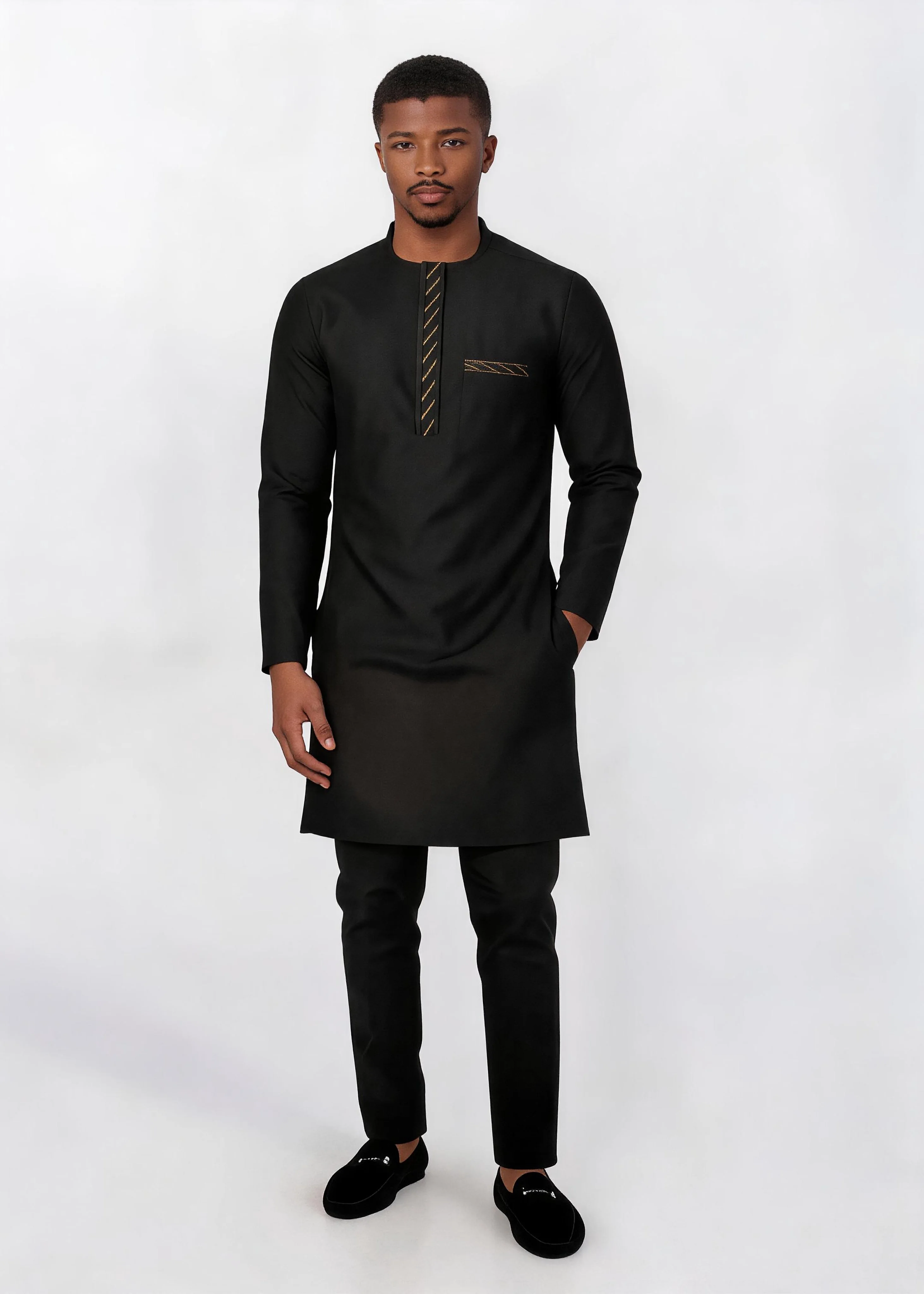 Men Muslim 2Pcs Kurta Pant Set Gold Striped Embroidery African Eid Thobe Formal Outfit