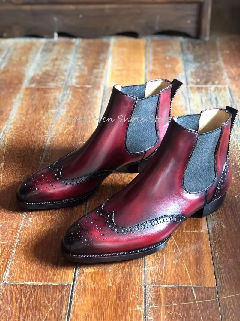 2024 New Genuine Leather Chelsea Boots Men's Vintage British Leather Sole Slip On Short Boots Round Toe Printed Handmade Boots