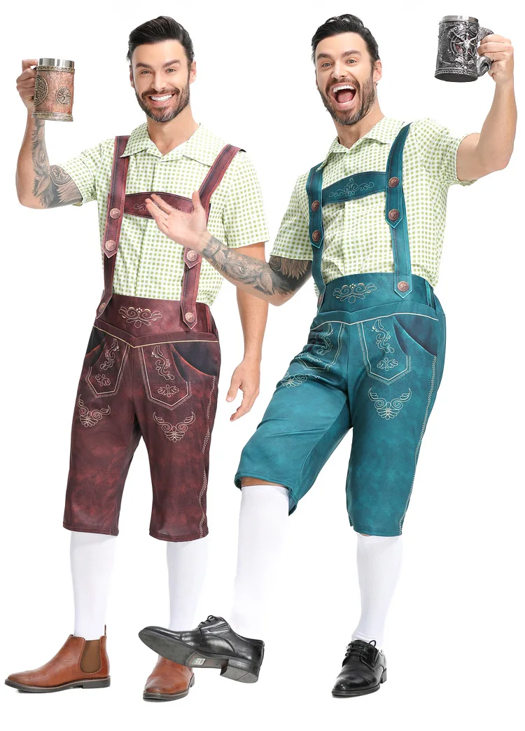 Mens Oktoberfest Bavarian Beer Costume German Bavarian Shorts Outfit Overalls Shirt Suspenders Short Set Halloween Party Dress