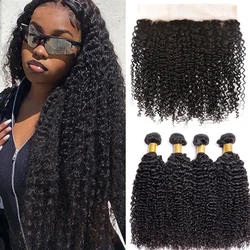 12A Indian Kinky Curly Bundles With Closure 13x4 Lace Frontal With Bundles Human Hair Bundles With Frontal Closure Virgin Hair